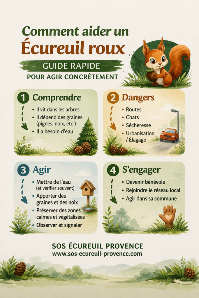 comment aider un écureuil roux en Provence eau nourriture dangers et solutions bénévoles